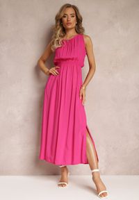 Renee - Fuksjowa Wiskozowa Sukienka z Gumką w Talii Na Ramiączkach Suzias. Kolor: różowy. Materiał: wiskoza. Długość rękawa: na ramiączkach. Wzór: gładki #3