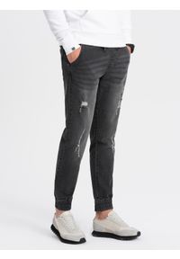 Ombre Clothing - Męskie spodnie jeansowe JOGGERY z przetarciami - czarne V2 OM-PADJ-0150 - XL. Kolor: czarny. Materiał: jeans