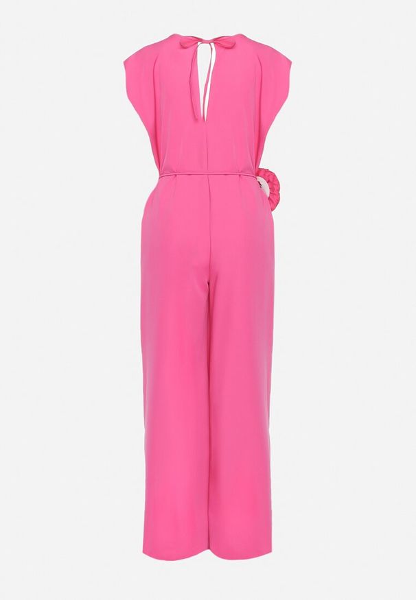 Born2be - Różowy Wiązany Kombinezon z Prostymi Nogawkami i Wiskozą oraz Kwiatową Aplikacją Dimenna. Kolor: różowy. Materiał: wiskoza. Wzór: kwiaty, aplikacja. Styl: elegancki