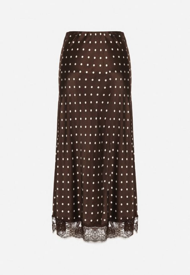 Born2be - Brązowa Wiskozowa Spódnica z Wysokim Stanem w Kropki z Koronką Monivesa. Okazja: na co dzień. Stan: podwyższony. Kolor: brązowy. Materiał: koronka, wiskoza. Wzór: koronka, kropki. Styl: casual, elegancki