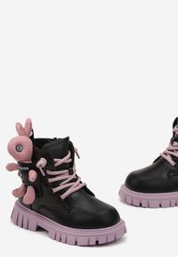Born2be - Czarno-Fioletowe Botki Workery z Ozdobnym Misiem Mulia. Kolor: czarny