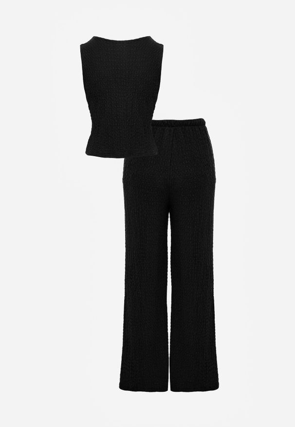 Renee - Czarny Komplet z Teksturowanej Tkaniny Kamizelka i Spodnie z Gumką w Pasie Tharin. Kolor: czarny. Materiał: tkanina