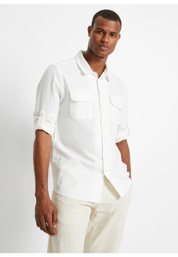 bonprix - Koszula z długimi wywijanymi rękawami, z materiału z domieszką lnu. Kolor: biały. Materiał: materiał, len. Długość: długie