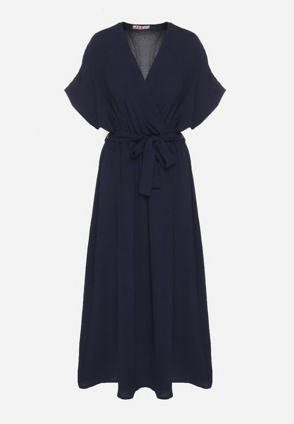 Born2be - Granatowa Sukienka z Bawełną i Ozdobnym Paskiem Lunistra. Okazja: na co dzień. Kolor: niebieski. Materiał: bawełna. Wzór: aplikacja. Styl: klasyczny, casual, elegancki