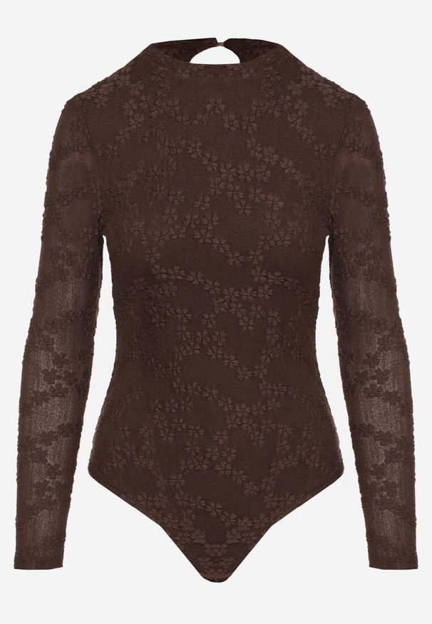 Renee - Brązowe Body Longsleeve z Koronki z Bawełną Zenisesa. Okazja: na imprezę, na co dzień. Typ kołnierza: kołnierzyk stójkowy. Kolor: brązowy. Materiał: bawełna, koronka. Długość rękawa: długi rękaw. Długość: długie. Wzór: koronka. Styl: elegancki, casual