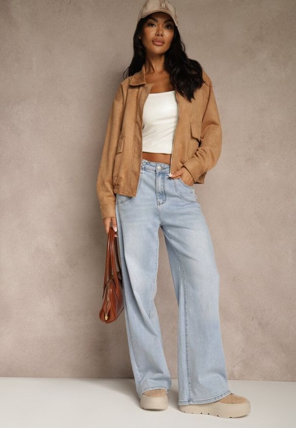 Renee - Niebieskie Jeansy High Waist o Szerokim Kroju z Przeszyciami i Imitacją Kieszeni Saliana. Stan: podwyższony. Kolor: niebieski