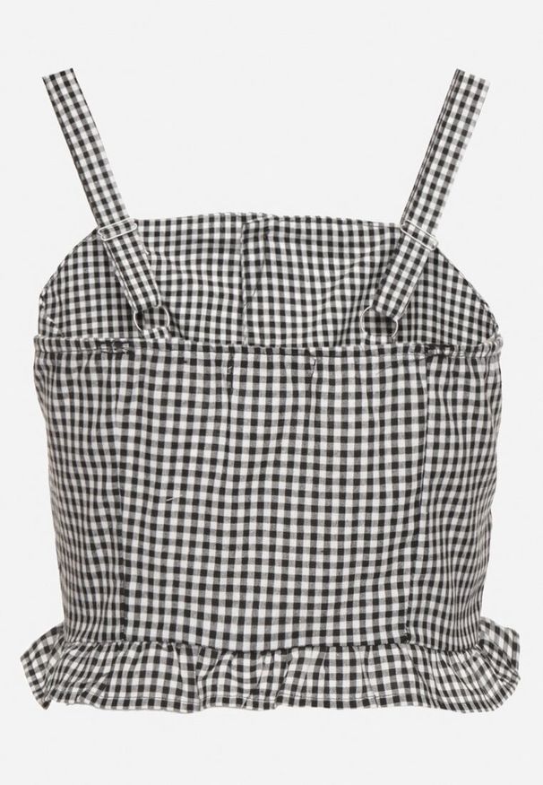 Born2be - Czarna Bluzka Top ze Wzorem Kraty Ozdobiony Falbanką i Guzikami Folorae. Okazja: na co dzień. Kolor: czarny. Materiał: jeans. Długość rękawa: na ramiączkach. Długość: krótkie. Wzór: aplikacja. Styl: elegancki, casual