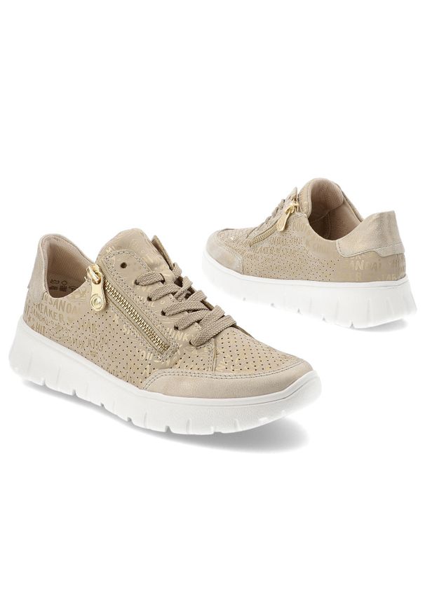 Półbuty damskie Rieker, antistress na platformie z dziurkami sznurowane i na zamek, beżowe, N1316-90. Okazja: na co dzień. Zapięcie: zamek. Kolor: beżowy. Materiał: jeans. Szerokość cholewki: normalna. Obcas: na platformie