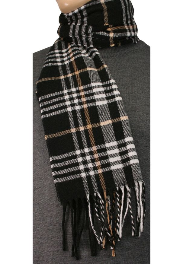 EM Men's Accessories - Czarno-Biało-Beżowy Jesienno-Zimowy Ciepły Szalik Męski w Kratkę, z Frędzlami. Kolor: beżowy, brązowy, wielokolorowy. Materiał: akryl. Wzór: kratka. Sezon: jesień, zima. Styl: klasyczny, elegancki