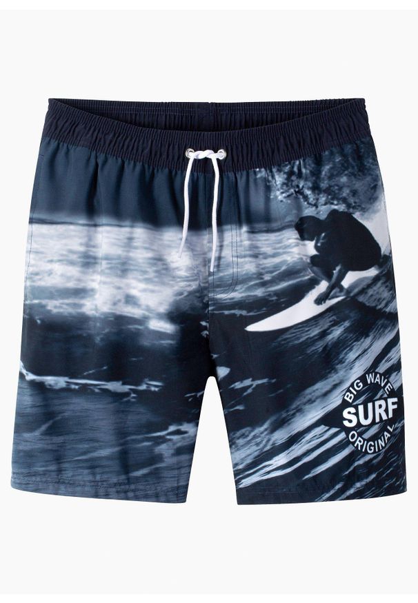 bonprix - Szorty kąpielowe. Kolor: niebieski. Wzór: nadruk, aplikacja