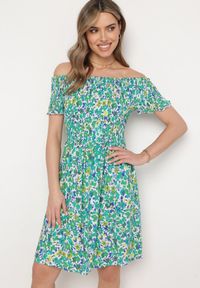Born2be - Zielona Wiskozowa Sukienka Typu Hiszpanka z Elastyczną Gumką w Talii Anlavera. Okazja: na co dzień. Typ kołnierza: dekolt hiszpanka. Kolor: zielony. Wzór: kwiaty. Typ sukienki: proste. Materiał: wiskoza. Długość rękawa: krótki rękaw. Sezon: wiosna. Styl: casual #4