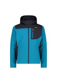 Kurtka turystyczna z kapturem i suwakiem CMP. Typ kołnierza: kaptur. Kolor: niebieski. Materiał: softshell. Sport: turystyka piesza