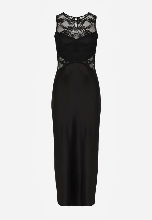 Renee - Czarna Dopasowana Sukienka Wieczorowa z Koronowymi Zdobieniami Bermina. Kolor: czarny. Materiał: koronka. Wzór: aplikacja. Styl: wizytowy