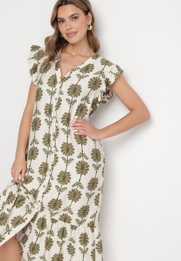 Born2be - Biało-Zielona Kwiatowa Sukienka z Bawełną i Falbanką Efanelia. Okazja: na spacer, na imprezę. Typ kołnierza: dekolt w serek. Kolor: beżowy. Materiał: bawełna. Wzór: kwiaty. Sezon: wiosna, lato. Typ sukienki: proste. Styl: elegancki