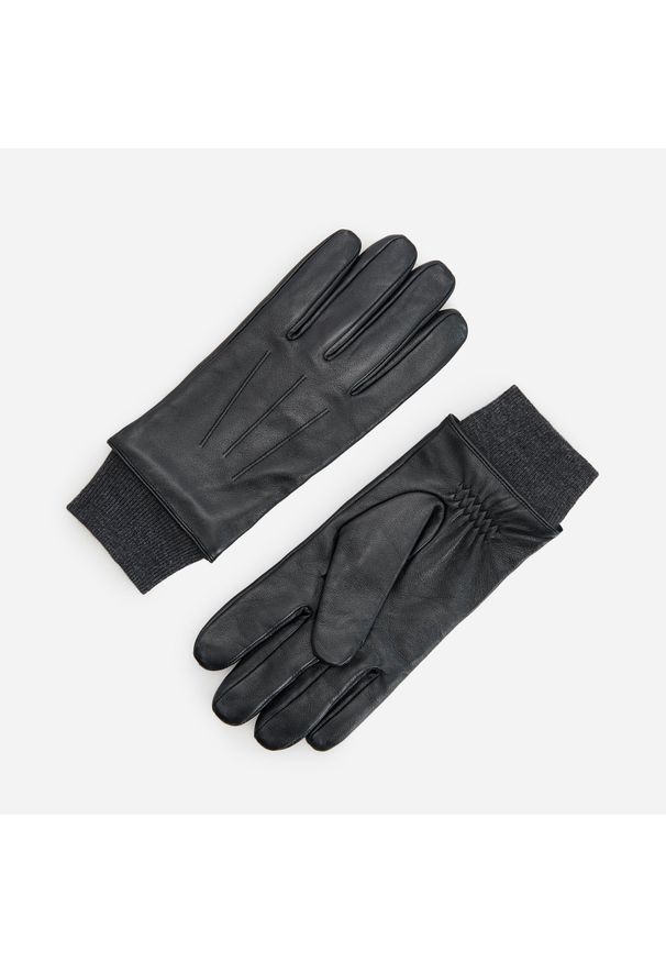 Reserved - Skórzane rękawiczki ze ściągaczem - Czarny. Kolor: czarny. Materiał: skóra