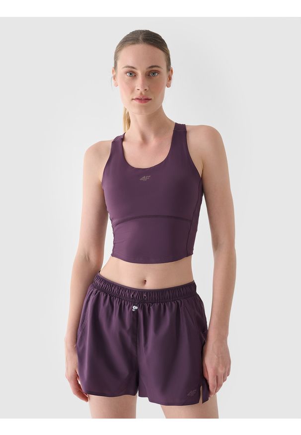 4f - 4F Crop top treningowy szybkoschnący damski - fioletowy XXL. Kolor: fioletowy. Materiał: włókno, elastan, dzianina, materiał, syntetyk. Długość rękawa: na ramiączkach. Wzór: gładki, jednolity, ze splotem. Sport: fitness