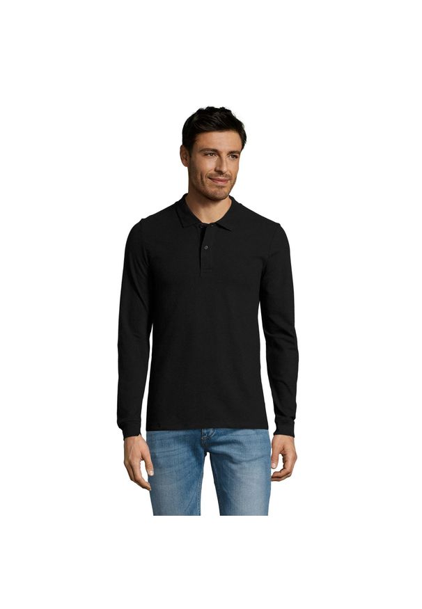 SOL'S - Męska Koszulka Polo Perfect Plain Pique Z Długim Rękawem. Typ kołnierza: polo. Kolor: czarny. Długość rękawa: długi rękaw. Długość: długie
