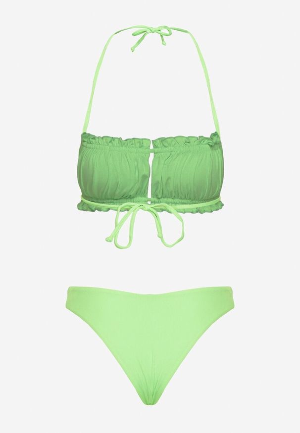 Born2be - Jasnozielone Bikini Wiązany Biustonosz z Marszczeniem Majtki Typu Figi Folilisse. Kolor: zielony. Wzór: aplikacja