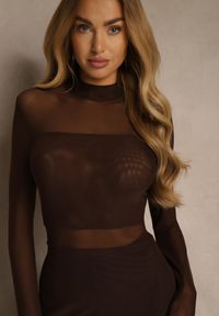 Renee - Brązowa Rozkloszowana Sukienka Longsleeve z Siateczki z Dodatkiem Wiskozy Eprella. Okazja: na randkę. Typ kołnierza: kołnierzyk stójkowy. Kolor: brązowy. Materiał: wiskoza. Długość rękawa: długi rękaw. Styl: elegancki