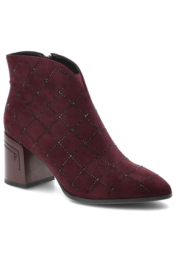 Bordowe Botki S.Barski Stylowe Buty Damskie. Zapięcie: zamek. Kolor: czerwony. Materiał: zamsz. Wzór: aplikacja, kratka. Obcas: na obcasie. Styl: elegancki. Wysokość obcasa: średni