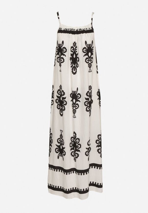 Born2be - Biała Sukienka o Rozkloszowanym Kroju na Ramiączkach w Etniczny Wzór Revoniae. Okazja: na co dzień. Typ kołnierza: dekolt w kształcie V. Kolor: biały. Długość rękawa: na ramiączkach. Styl: casual, elegancki