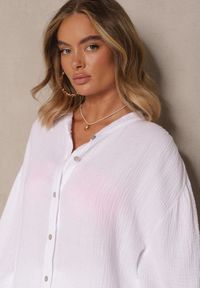 Renee - Biały Bawełniany Komplet Muślinowy Oversize z Koszulą i Szerokimi Spodniami Ziorina. Kolor: biały. Materiał: bawełna. Wzór: aplikacja #5