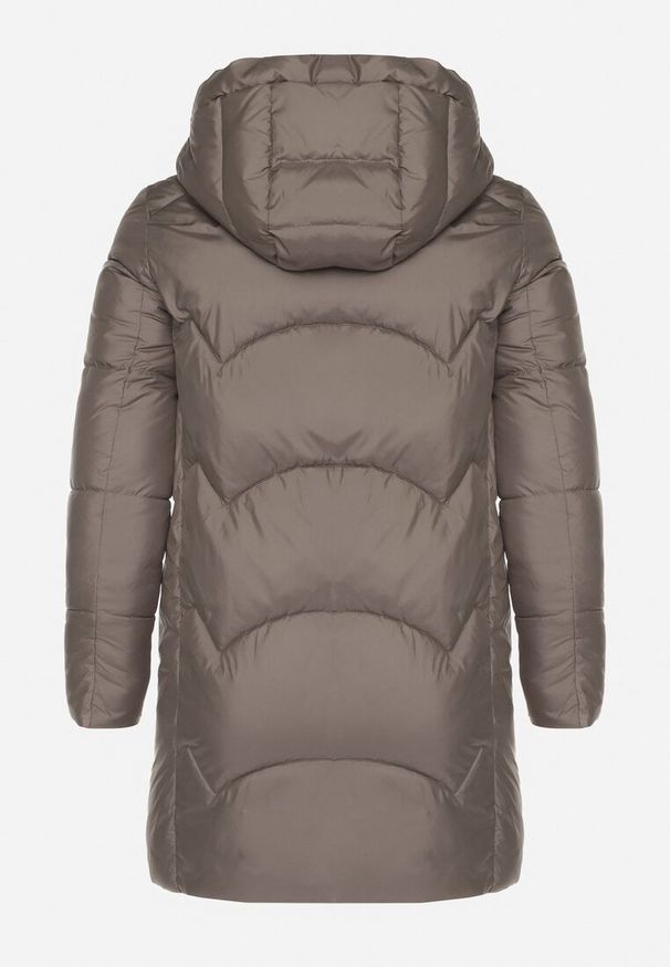 Born2be - Szara Długa Pikowana Kurtka z Nieodpinanym Kapturem Mevessia. Okazja: na co dzień. Kolor: szary. Materiał: jeans. Długość: długie. Styl: casual, elegancki, klasyczny