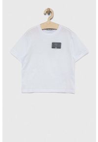 EA7 Emporio Armani t-shirt bawełniany dziecięcy kolor biały z nadrukiem. Kolor: biały. Materiał: bawełna. Wzór: nadruk #1