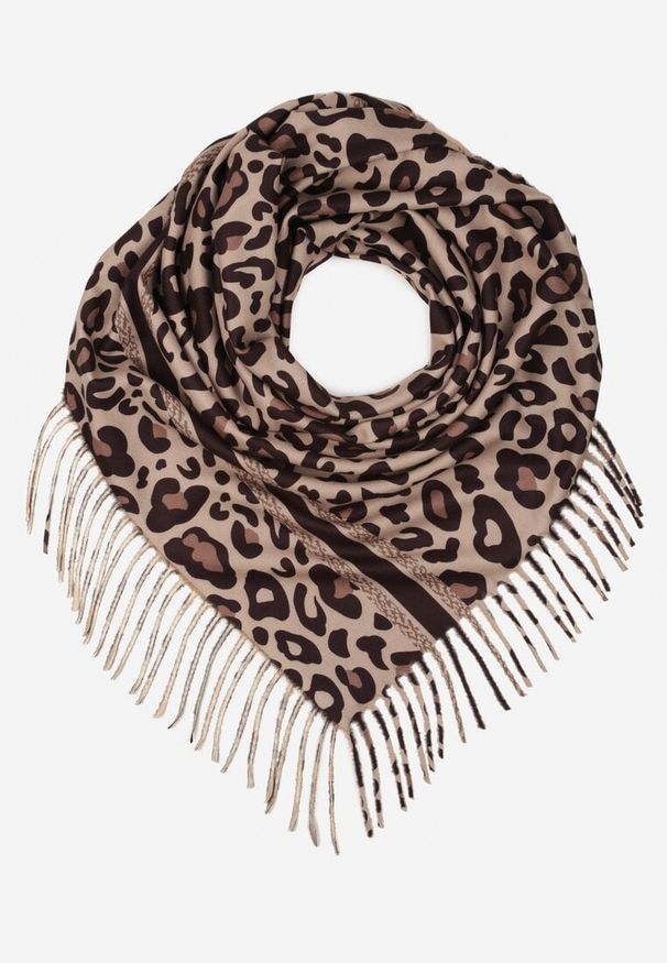 Renee - Brązowy Wiskozowy Szalik w Panterkę Wykończony Frędzlami Alefera. Kolor: brązowy. Materiał: wiskoza. Wzór: motyw zwierzęcy