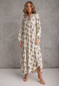 Renee - Jasnobeżowa Wiskozowa Sukienka o Rozkloszowanym Kroju z Guzikami przy Dekolcie Seave. Okazja: na co dzień. Kolor: beżowy. Materiał: wiskoza. Wzór: nadruk. Typ sukienki: rozkloszowane, oversize. Styl: boho, casual #4