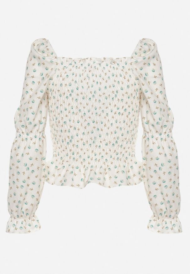 Born2be - Biało-Zielona Bluzka Ściągana Troczkiem z Długim Rękawem z Falbankami Kapetha. Okazja: na co dzień. Typ kołnierza: kołnierz z falbankami. Kolor: biały. Materiał: jeans. Długość rękawa: długi rękaw. Długość: długie. Sezon: wiosna, lato. Styl: casual