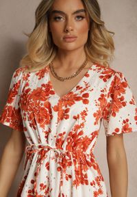 Renee - Pomarańczowa Bawełniana Sukienka Rozkloszowana Ażurowa w Kwiatowy Print Velbia. Okazja: na co dzień. Typ kołnierza: dekolt w kształcie V. Kolor: pomarańczowy. Wzór: ażurowy, kwiaty, nadruk. Typ sukienki: proste. Materiał: bawełna. Długość rękawa: krótki rękaw. Sezon: lato, wiosna. Styl: elegancki, casual