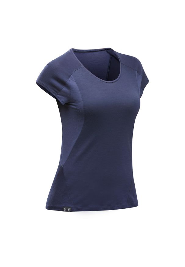 FORCLAZ - Koszulka damska trekkingowa z krótkim rękawem Forclaz MT500 merino. Kolor: niebieski. Materiał: materiał, wełna, elastan, poliamid. Długość rękawa: krótki rękaw. Długość: krótkie