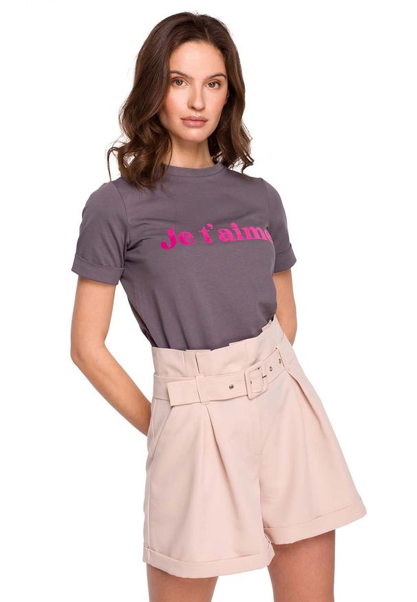 MOE - T-shirt z Nadrukiem Typu Flock - Stalowy. Kolor: szary. Materiał: elastan, bawełna. Wzór: nadruk
