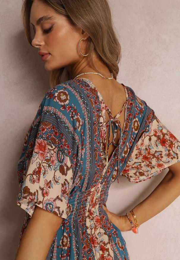 Renee - Beżowo-Granatowa Sukienka Dylina. Kolor: beżowy. Materiał: tkanina, wiskoza. Długość: mini