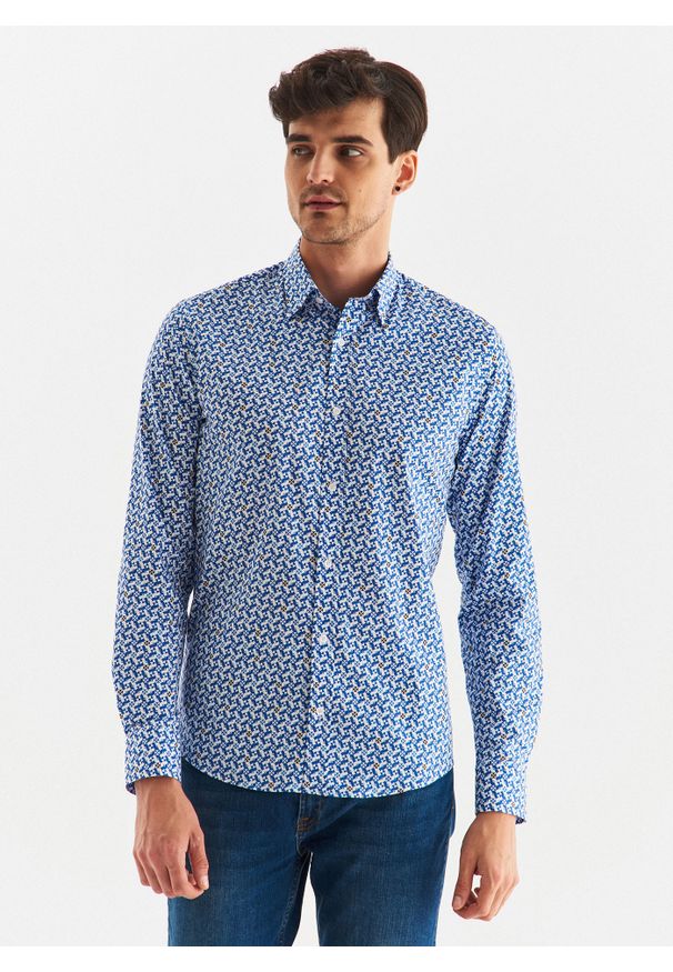 Pako Lorente - PAKO LORENTE – Koszula męska w biało-niebieski mikrowzór. Typ kołnierza: kołnierzyk klasyczny. Kolor: biały, niebieski, wielokolorowy. Materiał: bawełna, elastan. Długość rękawa: długi rękaw. Długość: długie. Styl: klasyczny
