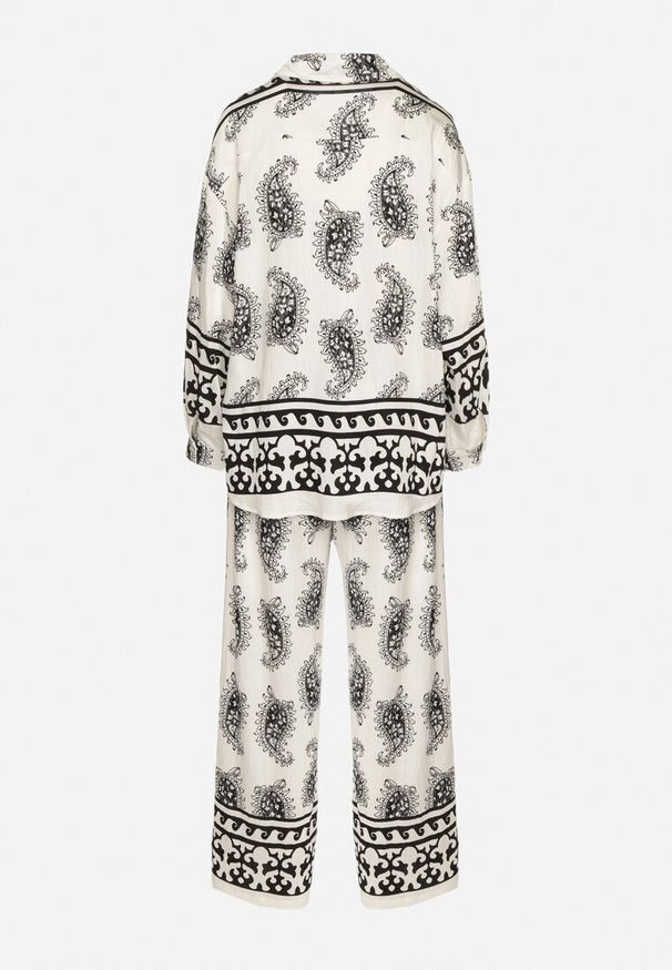 Born2be - Biało-Czarny Wiskozowy Komplet we Wzór Paisley Koszula i Spodnie Vallevi. Kolor: czarny. Materiał: wiskoza. Wzór: paisley