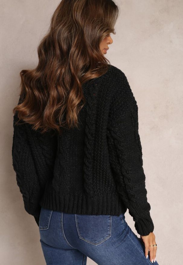 Renee - Czarny Grubo Pleciony Sweter z Wełną i Bawełną Bavime. Okazja: na co dzień. Kolor: czarny. Materiał: wełna, bawełna. Styl: casual, elegancki