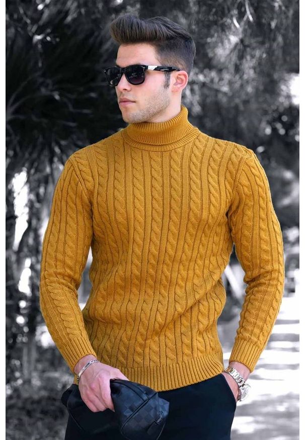 IVET - Męski sweter ADONIS MUSTARD. Typ kołnierza: golf. Kolor: żółty. Materiał: dzianina, jeans. Sezon: zima, jesień