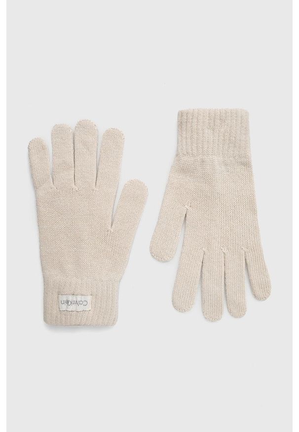 Calvin Klein - Rękawiczki z domieszką wełny. Kolor: beżowy. Materiał: wełna
