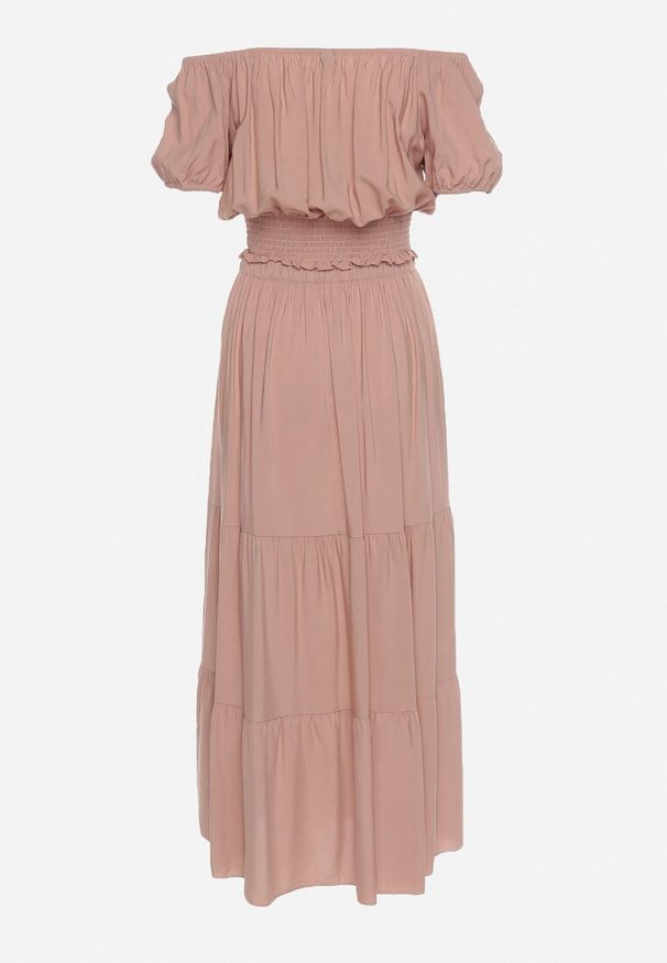 Born2be - Ciemnobeżowy Komplet na Lato z Wiskozy Bluzka Hiszpanka i Rozkloszowana Spódnica Svaine. Kolor: beżowy. Materiał: wiskoza