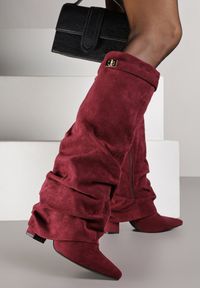 Renee - Bordowe Marszczone Kozaki na Słupkowym Obcasie z Wywiniętą Cholewką Runella. Okazja: na imprezę, na co dzień. Kolor: czerwony. Materiał: skóra, jeans. Szerokość cholewki: normalna. Obcas: na obcasie. Styl: elegancki, casual. Wysokość obcasa: średni #7