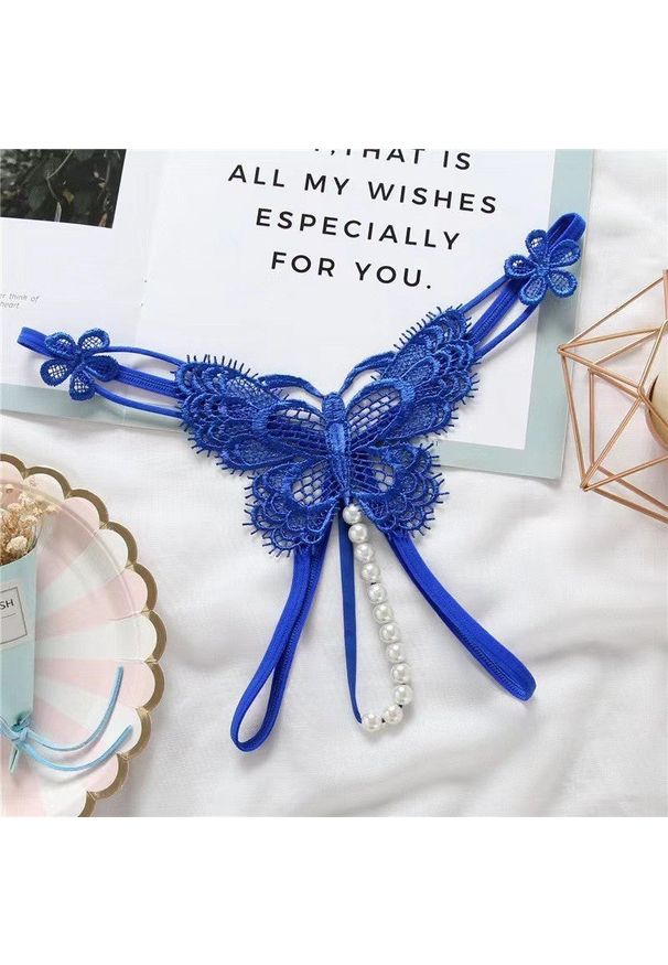 Intica - Stringi z motywem motyla i perłami eleganckie Louiselle. Kolor: niebieski. Materiał: materiał. Wzór: aplikacja