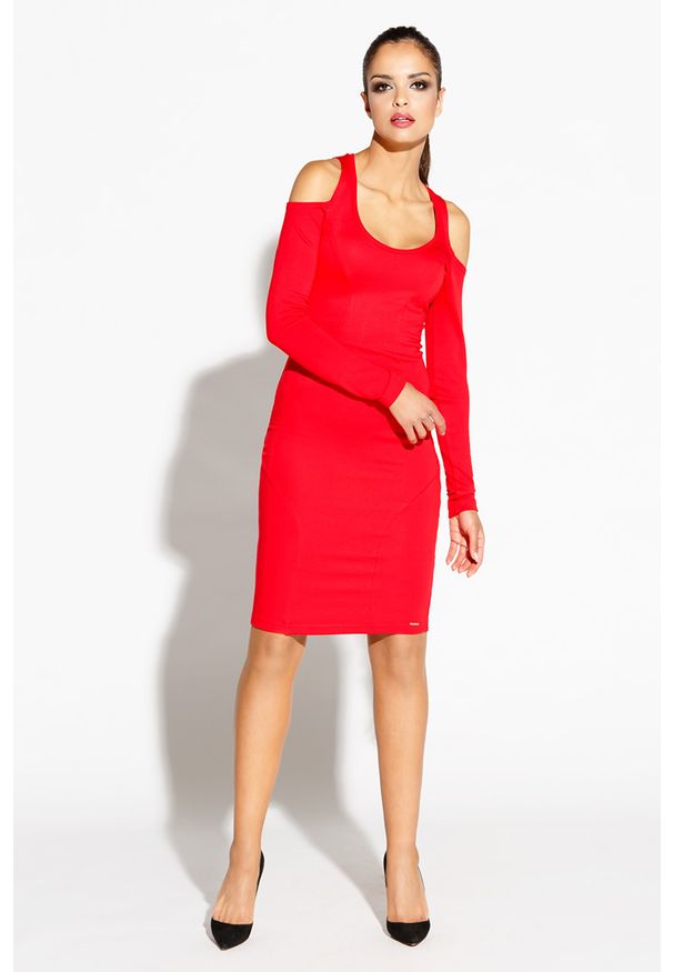 Dursi - Czerwona Ołówkowa Sukienka z Wyciętymi Ramionami. Kolor: czerwony. Materiał: elastan, wiskoza, poliamid. Typ sukienki: ołówkowe