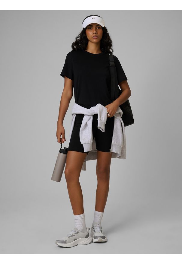 4f - 4F T-shirt regular gładki damski - czarny XL. Okazja: na co dzień. Kolor: czarny. Materiał: dzianina, bawełna. Długość rękawa: krótki rękaw. Długość: krótkie. Wzór: gładki. Styl: casual