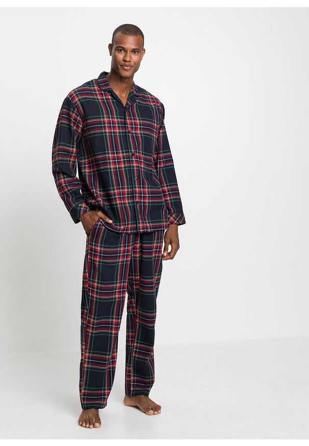 bonprix - Piżama męska z miękkiej flaneli zapinana na guziki. Kolor: niebieski