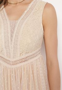 Born2be - Beżowa Rozkloszowana Sukienka Maxi z Koronkową Górą i Tiulowym Dołem Gelivia. Kolor: beżowy. Materiał: tiul, koronka. Długość: maxi #6