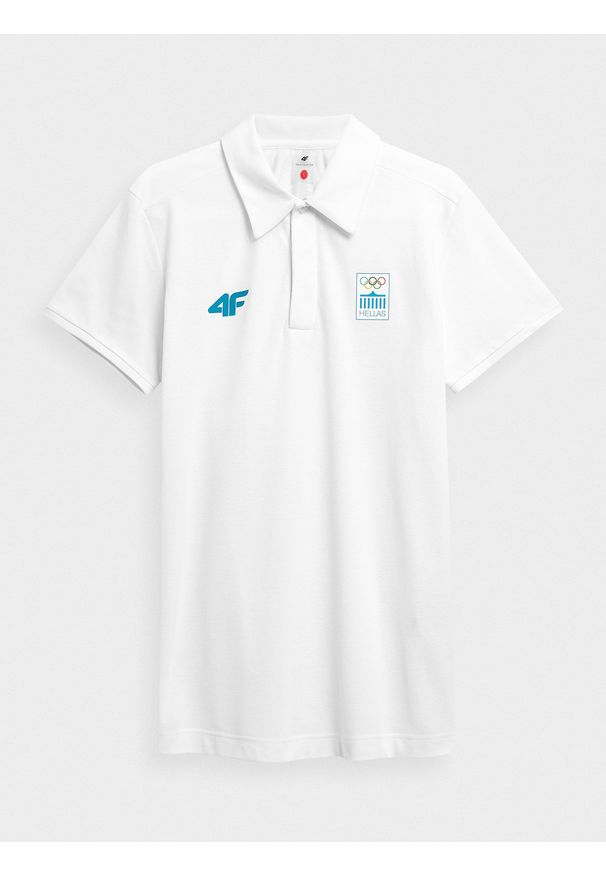 4f - Koszulka polo męska Grecja - Tokio 2020. Typ kołnierza: polo. Kolor: biały. Materiał: bawełna, dzianina. Sezon: lato. Styl: klasyczny
