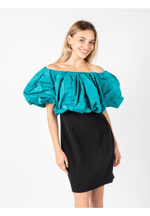 Pinko Sukienka "Isola" | 101248 A0VQ | Kobieta | Czarny, Turkusowy. Typ kołnierza: dekolt w łódkę. Kolor: czarny, turkusowy, wielokolorowy. Materiał: elastan, poliester. Długość rękawa: krótki rękaw. Typ sukienki: dopasowane. Długość: mini