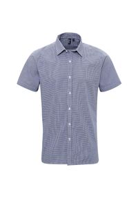 PREMIER - Męska Bawełniana Koszula Z Krótkim Rękawem W Kratkę Micro Gingham. Kolor: biały, wielokolorowy, niebieski. Materiał: bawełna. Długość rękawa: krótki rękaw. Długość: krótkie. Wzór: kratka